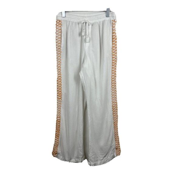 Hale Bob Pants XS Womens White Orange Side Stripes Straight Leg Drawstring Lined - Picture 1 of 8
